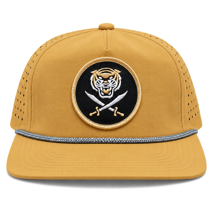 Bengals & Bandits Black & Gold Round Patch Flat Brim Perforated 5 Panel Rope Hat - Straw / Silver Rope