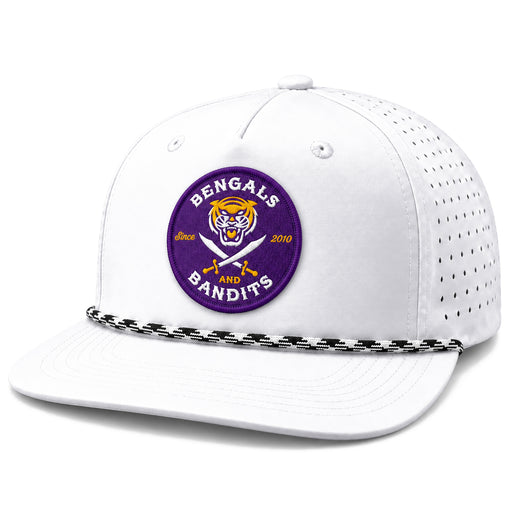 Bengals & Bandits Est Patch Perforated Structured Flat Brim 5 Panel Rope Hat - White / Black & White Rope