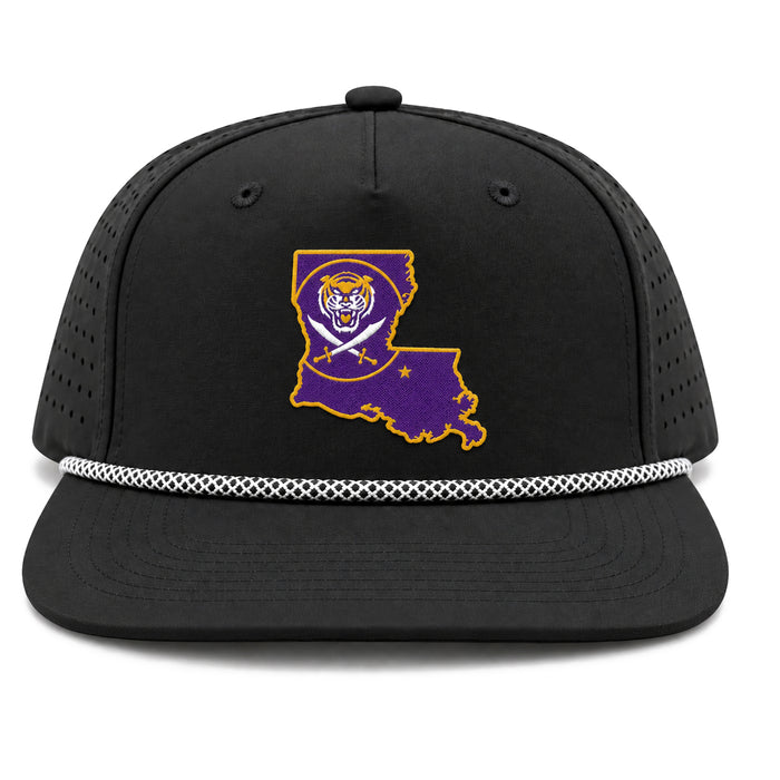 Bengals & Bandits LA Patch Perforated Structured Flat Brim 5 Panel Rope Hat - Black / Black & White Rope