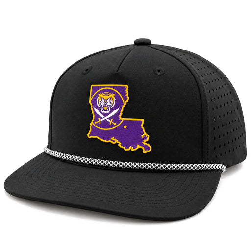 Bengals & Bandits LA Patch Perforated Structured Flat Brim 5 Panel Rope Hat - Black / Black & White Rope