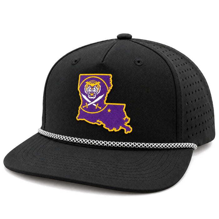 Bengals & Bandits LA Patch Perforated Structured Flat Brim 5 Panel Rope Hat - Black / Black & White Rope