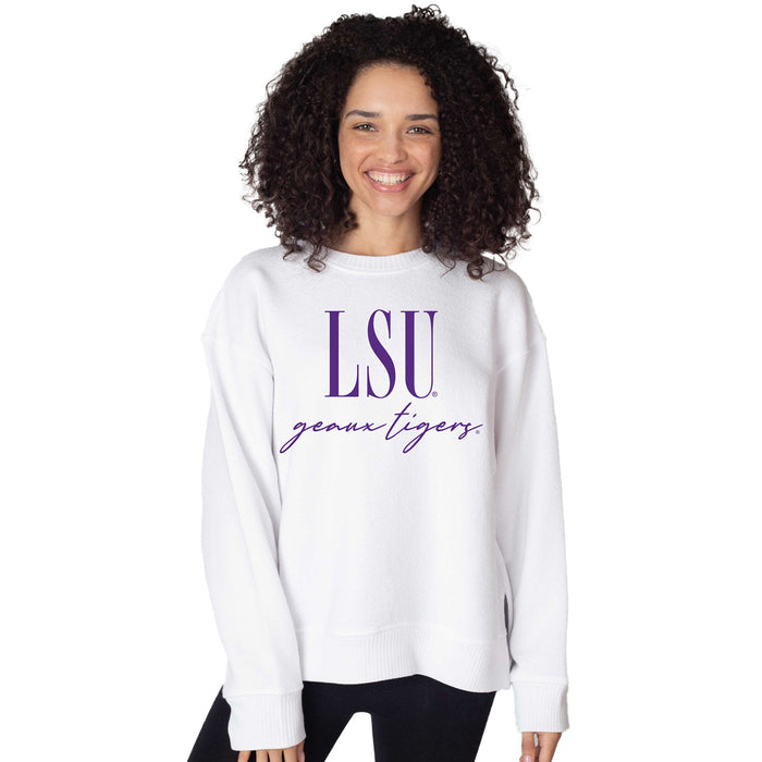 LSU Tigers Chica-d Stack Classic Over Script Tunic Sunset Pullover Fleece Crewneck - White