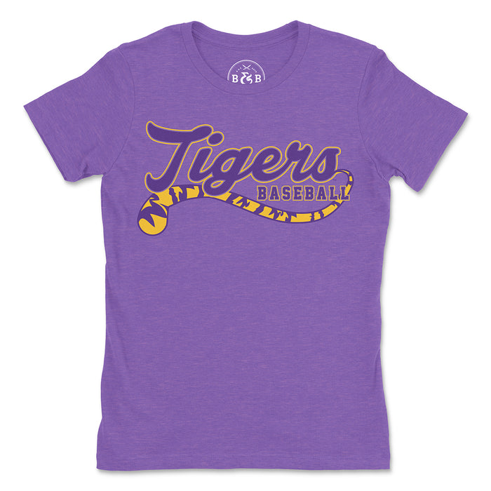 B&B Dry Goods LSU Tigers Baseball Tiger Tail Script Women's T-Shirt - Purple