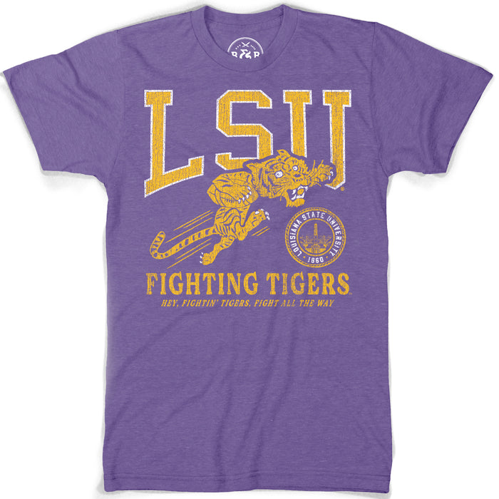 B&B Dry Goods LSU Tigers Retro Fightin' Tigers Football Tri-Blend T-Shirt - Purple