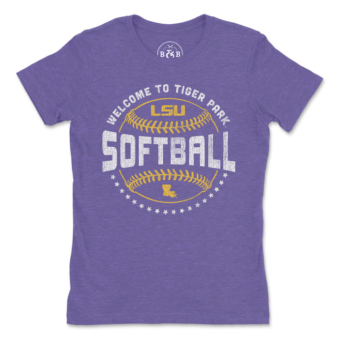 B&B Dry Goods LSU Tigers Softball Squeeze Play Women's T-Shirt - Purple
