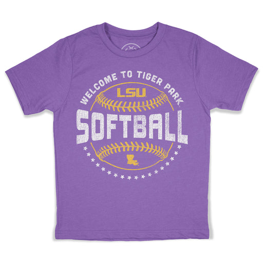 B&B Dry Goods LSU Tigers Softball Squeeze Play Youth T-Shirt - Purple
