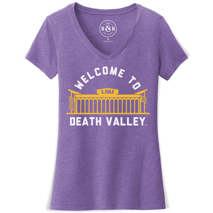 B&B Dry Goods LSU Tigers Welcome To Death Valley Womens V-Neck T-Shirt - Purple