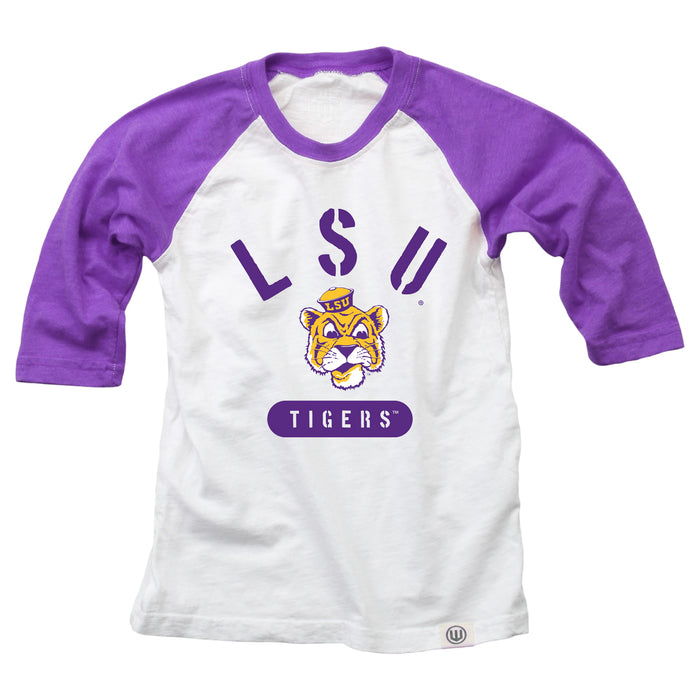 LSU Tigers Wes & Willy Beanie Mike Stencil Kids 3/4 Sleeve Raglan - Purple / White