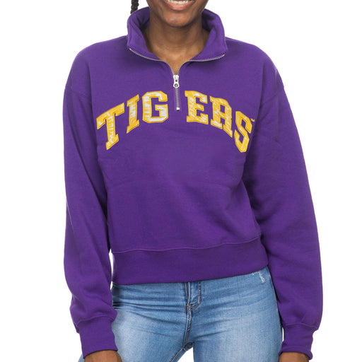 LSU Tigers ZooZatZ Women's Arch Tie Dye Applique Crop 1/4 Zip Sweatshirt - Purple