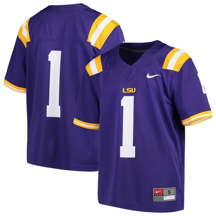 lsu tigers gear LSU Tigers Nike #1 Toddler / Youth Team Replica Football Jersey – Purple